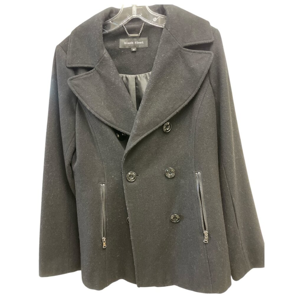 Coat- Black Double Breasted with buttons and zippered pockets Size Medium